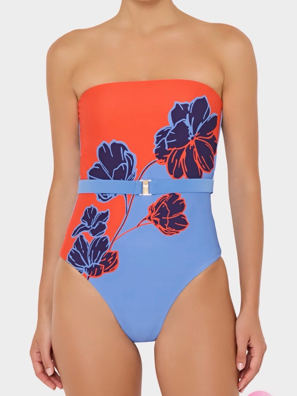 Milly Strapless Floral Belted One-Piece in Coral and Sky Blue